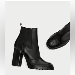 Zara Black Leather Wingtip Chunky Block Heel Ankle Boots Booties